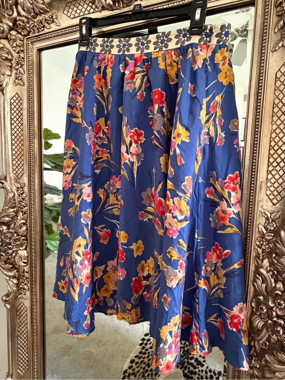 Silk Floral Midi Skirt in Navy with Multicolor Blooms